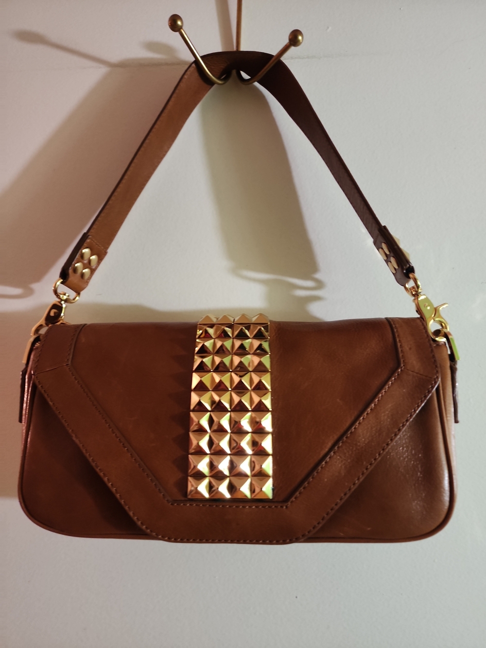 Tory Burch Brown Leather Shoulder Bag with Gold Stud Accent